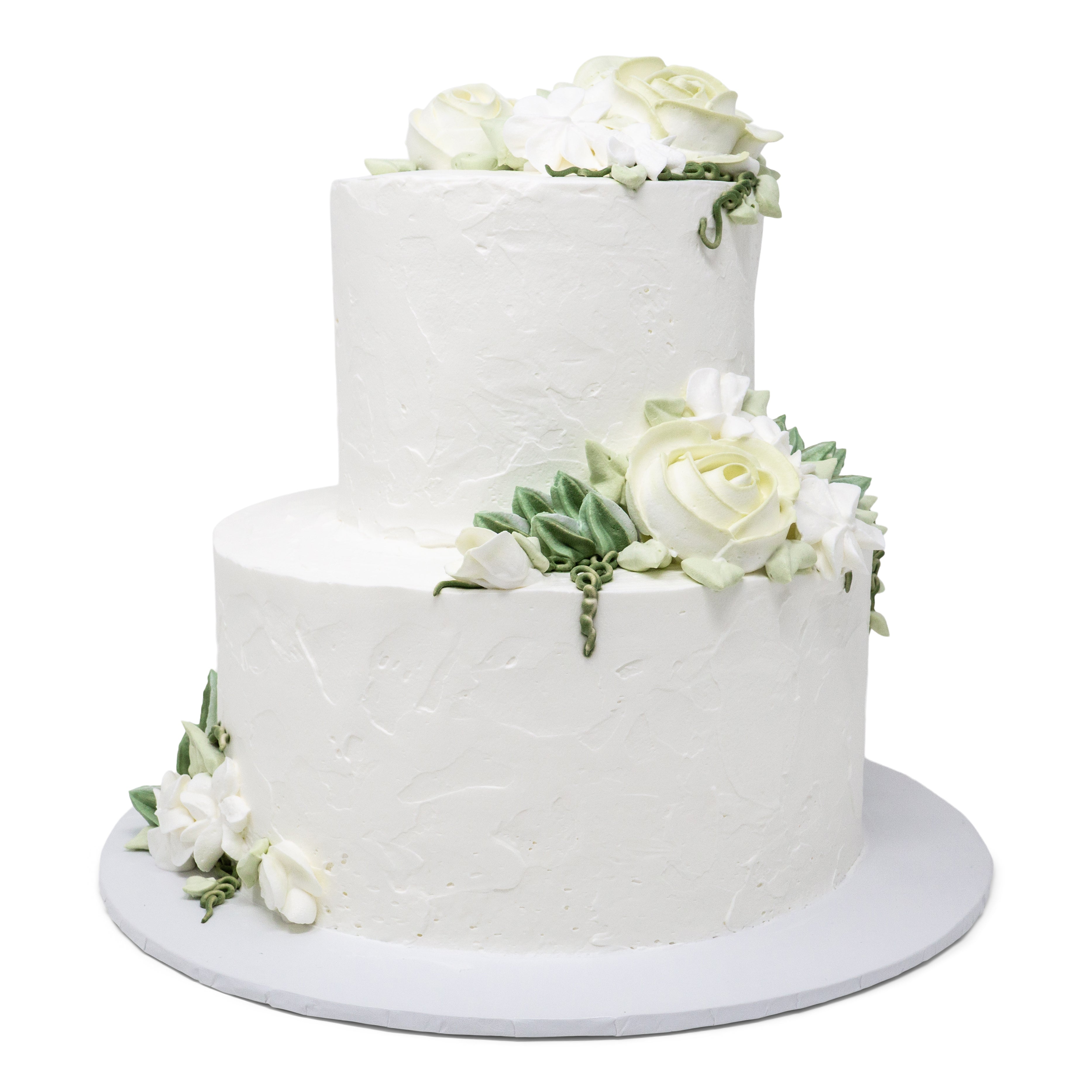 white wedding cake with lilies Elegant 2 Tier Cake with Smooth Texture and Icing Flowers – Patty's Cakes and Desserts