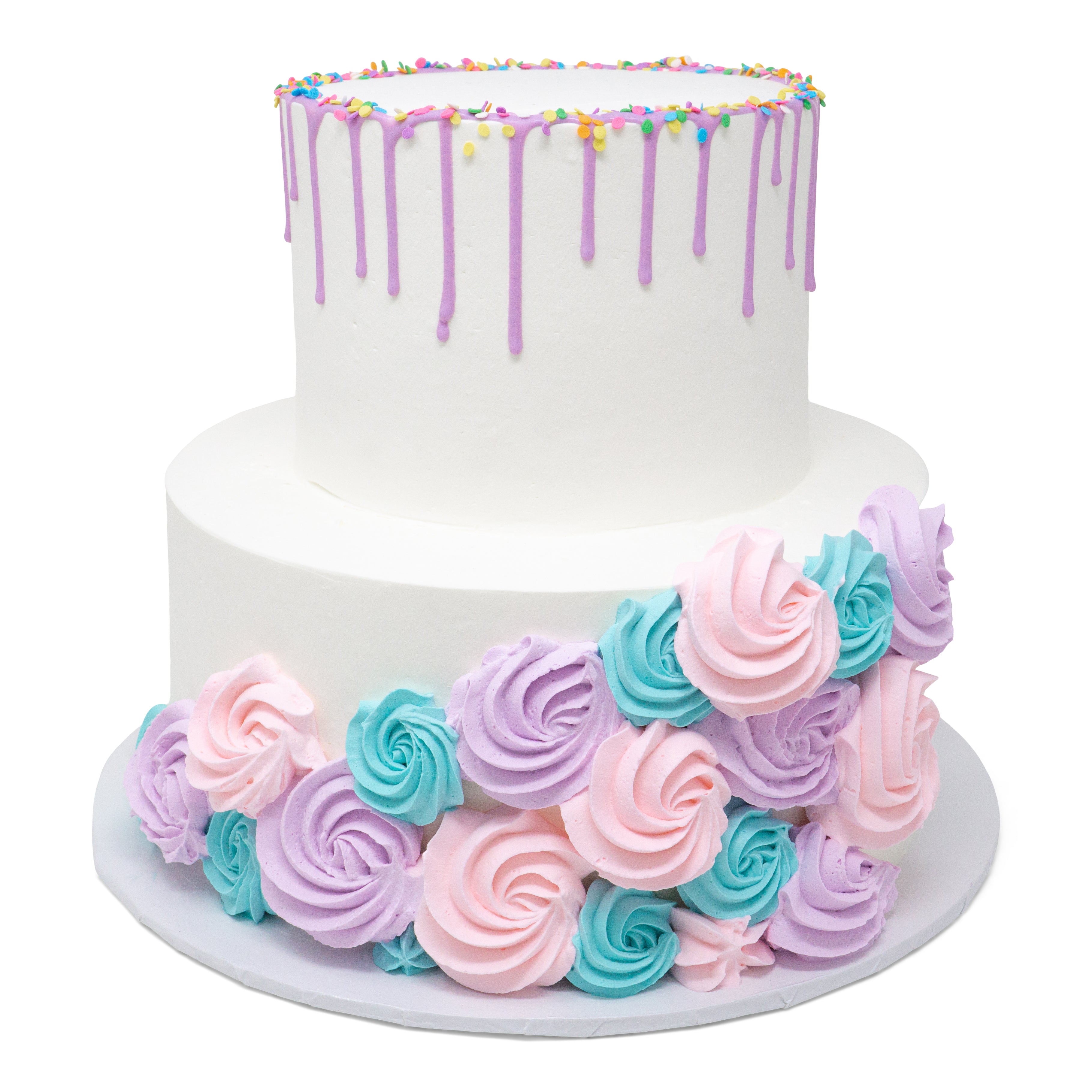 2 Tier White Cake With Whipped Icing In A Pink And Purple Theme With Icing  Roses - CakeCentral.com